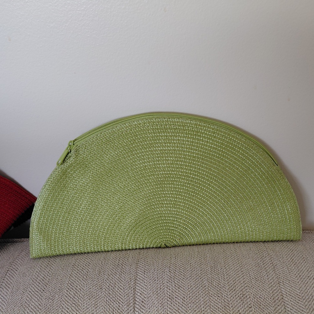 Handmade upcycled kiwi Green straw Clutch with polka dots